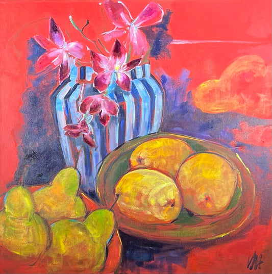 Blue Vase with Lemons and Pears